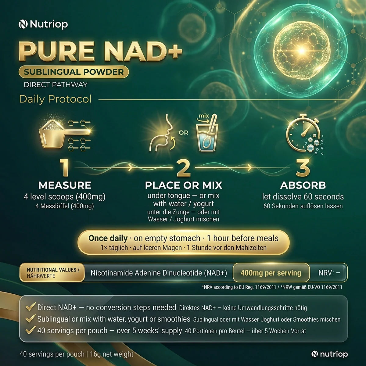 Nutriop® Pure NAD+ Sublingual Powder - Direct Cellular Fuel (16g)